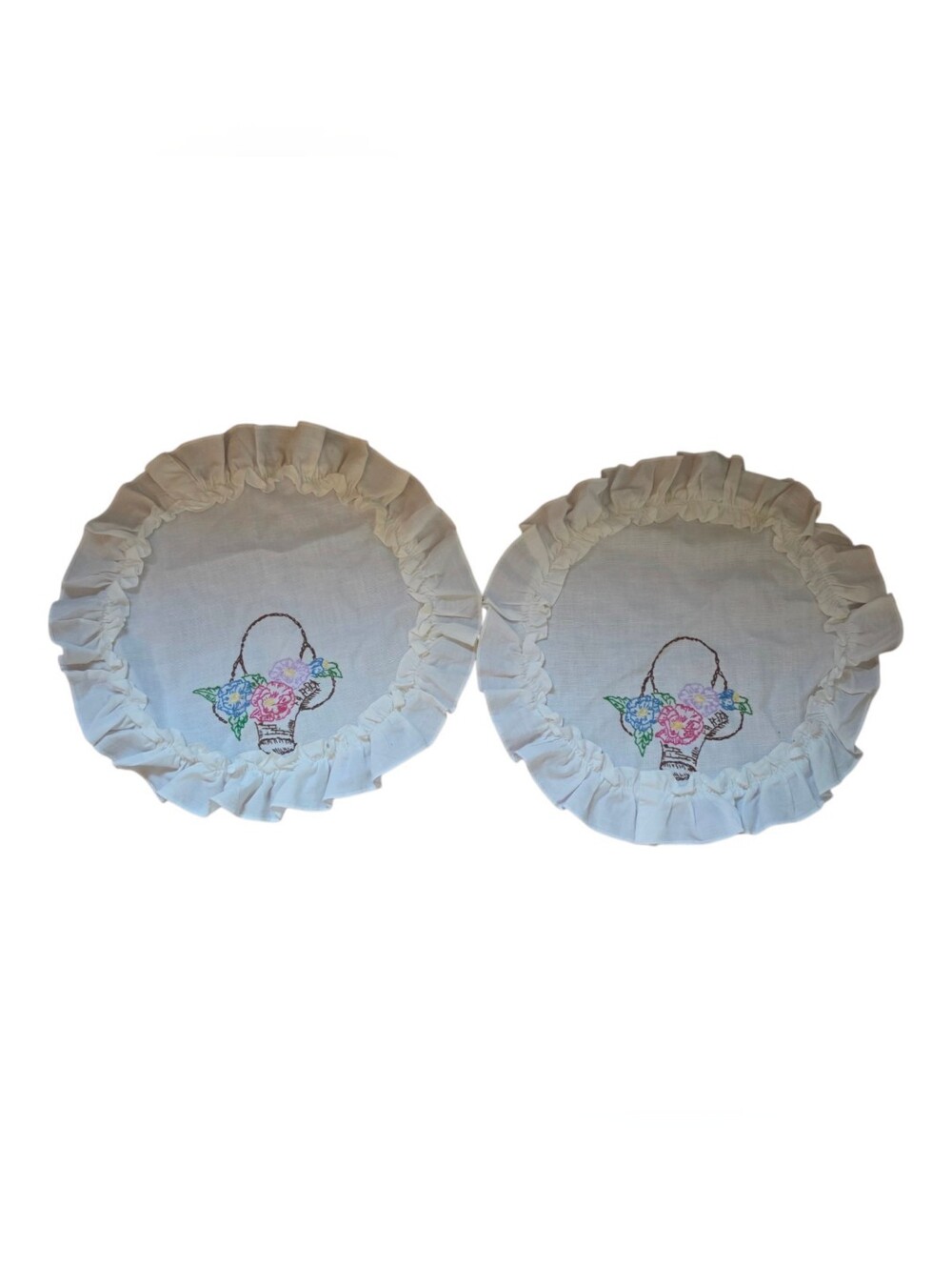 Set Of 2 Vintage Hand Embroidered Round Doilies Flower Baskets